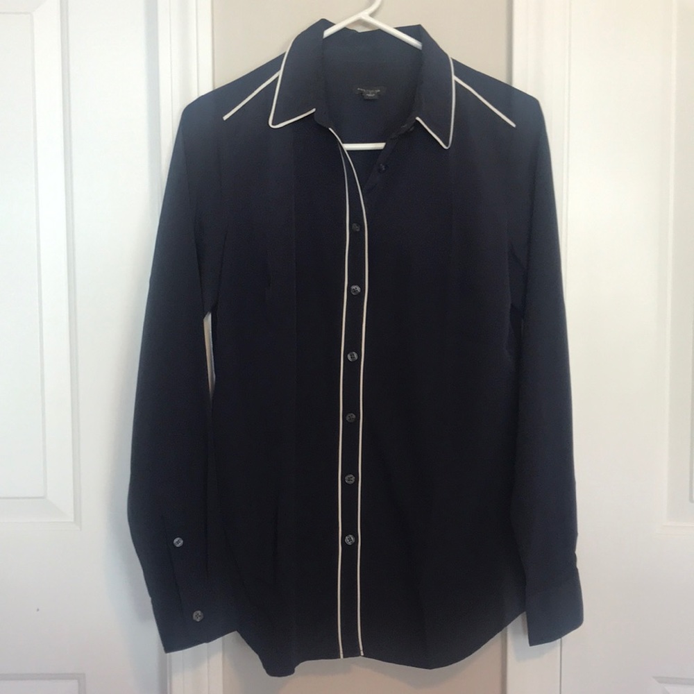Ann Taylor navy and white silky button down blouse
